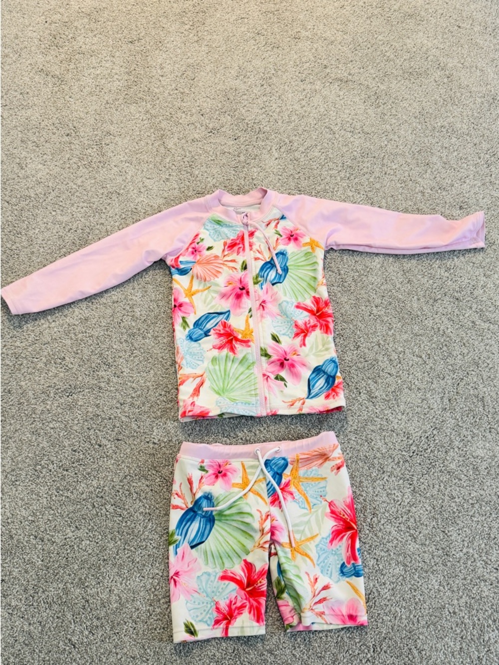 Kids Pink Floral Zip Rashguard Set with Swim Shorts